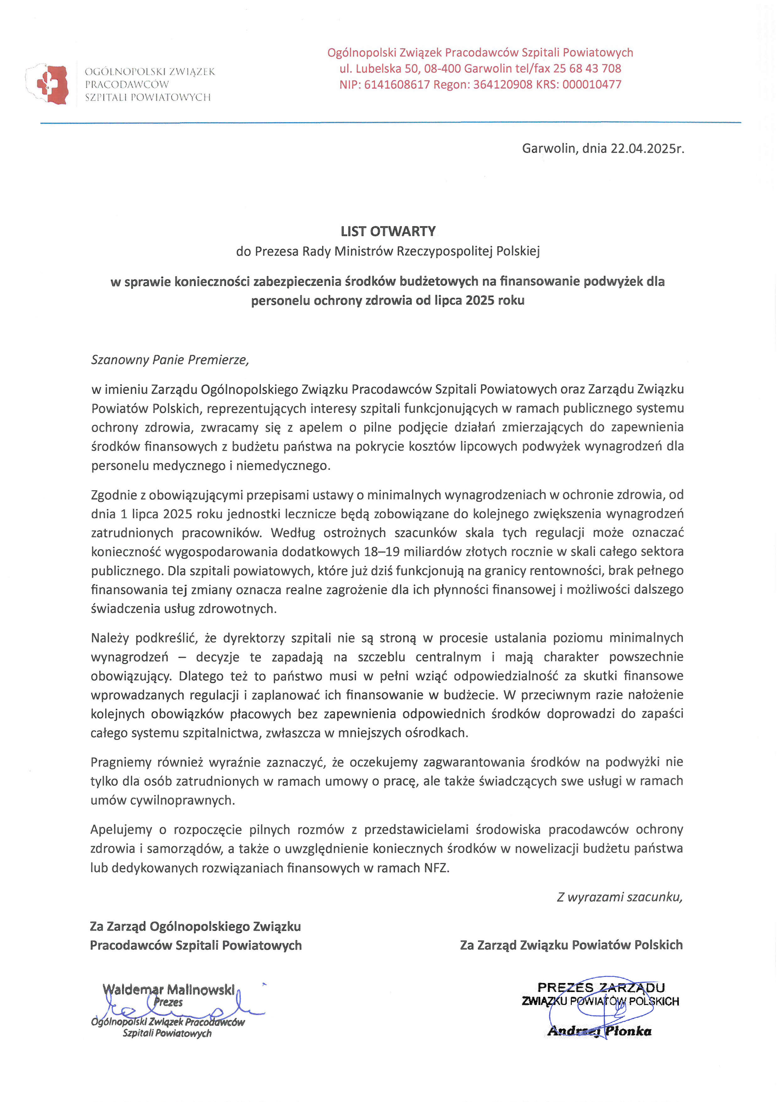 List otwarty do Premiera ws. konieczności zabezpieczenia środków finansowych na podwyżki 2025 r